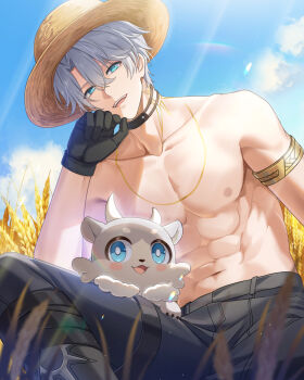 1boy abs antenna_hair aqua_eyes black_choker black_gloves black_pants chest_tattoo choker gloves gold_trim grey_hair hair_between_eyes hat highres honkai:_star_rail honkai_(series) horns jiman male_focus muscular muscular_male neck_tattoo nipples open_mouth pants phainon_(honkai:_star_rail) short_hair smile solo straw_hat tattoo topless_male