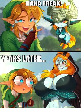 1boy 1girl before_and_after black_skin blue_eyes blue_skin breasts colored_sclera colored_skin eyeshadow front_ponytail green_tunic grey_skin hanagoori_arasuka helmet highres huge_breasts link long_hair looking_at_another makeup midna midna_(true) multicolored_skin neon_trim nintendo orange_hair pear-shaped_figure pointy_ears pout purple_eyeshadow purple_lips red_eyes shortstack smile teasing the_legend_of_zelda the_legend_of_zelda:_twilight_princess thumbs_up tunic two-tone_skin wide-eyed wide_hips yellow_sclera