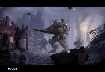 1girl aircraft building car command_&amp;_conquer command_&amp;_conquer:_tiberian_sun flower glass grass highres letterboxed mecha motor_vehicle road_sign robot rose ruins science_fiction sign smoke smoking solaris_(xorn) tree walker_(robot)