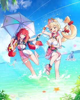 1boy 3girls absurdres alice_thymefield alice_thymefield_(sea_of_thyme) animal_ears beach belle_(summer_skies)_(zenless_zone_zero) belle_(zenless_zone_zero) blonde_hair blue_sky bow braid breasts cleavage closed_mouth cloud hair_bow hair_ornament heterochromia heykenp_12 highres holding holding_umbrella holding_water_gun large_breasts long_hair looking_at_viewer low_twin_braids low_twintails medium_breasts multiple_girls official_alternate_costume one-piece_swimsuit one_eye_closed open_mouth pink_one-piece_swimsuit rabbit_ears rabbit_girl red_eyes red_hair sky sphere_hair_ornament swimsuit twin_braids twintails two-tone_one-piece_swimsuit ukinami_yuzuha ukinami_yuzuha_(tanuki_in_broad_daylight) umbrella very_long_hair wading water water_gun white_bow white_one-piece_swimsuit wise_(peaceful_waves)_(zenless_zone_zero) wise_(zenless_zone_zero) yellow_eyes zenless_zone_zero