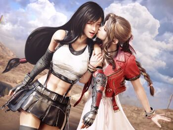 2girls 3d abs aerith_gainsborough bare_arms bare_shoulders belt black_hair black_skirt bow bracelet braid breasts brown_hair buckle closed_eyes closed_mouth cloud cloudy_sky day dress elbow_gloves elbow_pads female_focus final_fantasy final_fantasy_vii final_fantasy_vii_remake fingerless_gloves floating_hair gloves hand_on_another&#039;s_arm happy highres jacket jewelry kiss laughing long_hair low-tied_long_hair midriff multiple_girls navel necklace open_mouth outdoors parted_bangs pink_bow pink_dress pink_ribbon ria-neearts ribbon skirt sky square_enix stomach suspender_skirt suspenders tank_top teeth thighhighs thighs tifa_lockhart twitter_username walking weapon white_tank_top yuri
