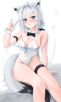 1girl absurdres ahoge animal_ear_fluff animal_ears arm_strap black_bow black_bowtie blue_eyes blue_nails blue_ribbon blush bow bowtie braid breasts commentary_request covered_erect_nipples detached_sleeves earrings fox_ears fox_girl fox_shadow_puppet fox_tail hair_between_eyes hair_bow highres hololive jewelry leotard long_hair looking_at_viewer medium_breasts open_mouth original playboy_bunny ribbon shirakami_fubuki sidelocks simple_background single_braid sitting solo st-147 tail thigh_strap virtual_youtuber white_background white_hair white_leotard