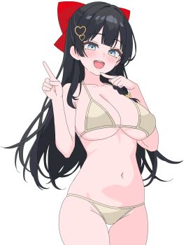 1girl :d bikini black_hair blue_eyes blush bow breasts brown_bikini center-flap_bangs commentary cowboy_shot deoksodaejang_guchangmo double-parted_bangs hair_bow hair_ornament hands_up heart heart_hair_ornament highres index_fingers_raised large_breasts long_hair multicolored_eyes navel open_mouth red_bow shirayuki_hina simple_background smile solo standing stellive stomach string_bikini swimsuit symbol-only_commentary thigh_strap two-tone_eyes virtual_youtuber white_background