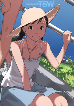 1girl absurdres bare_legs bare_shoulders black_eyes black_hair braid camisole female_focus hat highres looking_at_viewer original shoes sitting skirt smile sneakers solo sun_hat takamichi twin_braids