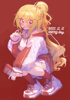 Rule 34 | 1girl, absurdres, blonde hair, blush, box, breasts, closed mouth, commentary request, dated, dot nose, drawstring, eating, food, full body, hair between eyes, hair ornament, hairclip, highres, holding, holding box, holding food, hood, hood down, hoodie, large breasts, long hair, long sleeves, looking at viewer, magia record: mahou shoujo madoka magica gaiden, mahou shoujo madoka magica, pocky, pocky day, red background, red eyes, red socks, serizawa serizane, shoes, simple background, smile, sneakers, socks, solo, squatting, togame momoko, white hoodie, white shoes, x hair ornament