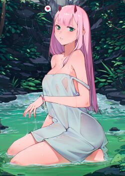 1girl absurdres bangle blunt_bangs blunt_ends bracelet branch breasts cesar_art456 cleavage commentary darling_in_the_franxx day dress english_commentary from_side green_eyes heart highres horns jewelry large_breasts light_blush long_hair looking_at_viewer outdoors parted_lips pink_hair plant pond red_horns rock seiza sitting sleeveless sleeveless_dress solo spoken_heart strap_slip water water_drop wet wet_clothes wet_dress white_dress zero_two_(darling_in_the_franxx)