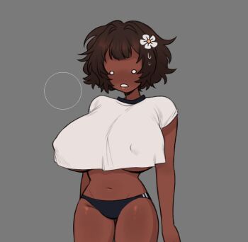 1girl black_panties breasts brown_hair covered_erect_nipples crop_top dark-skinned_female dark_skin degrees_of_lewdity grey_background huge_breasts j2citrus mob_face navel o_o panties parted_lips robin_(degrees_of_lewdity) robin_(female)_(degrees_of_lewdity) shirt short_hair short_sleeves simple_background solo sweat teeth thighs underwear white_shirt