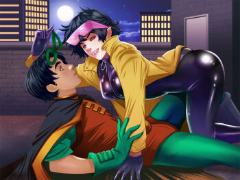 1boy 1girl batman_(series) black_bodysuit black_cape black_gloves black_hair bodysuit building cape city coat commentary commission crossover dc_comics domino_mask english_commentary eye_mask eyewear_on_head fangs full_moon gloves green_bodysuit green_gloves green_mask jubilee leotard marvel mask moon night open_clothes open_coat open_mouth pink-tinted_eyewear pointy_ears red_eyes red_leotard robin_(dc) roninseven short_hair short_sleeves tinted_eyewear vampire x-men yellow_coat