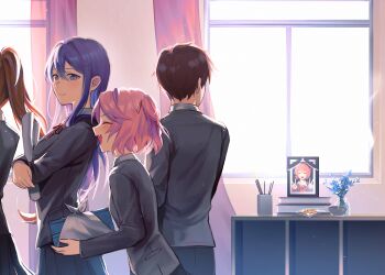 1boy 3girls bag black_skirt blazer blue_flower blush book brown_hair butsudan closed_eyes closed_mouth doki_doki_literature_club doki_doki_literature_club_school_uniform double_v fang flower from_side grey_jacket hair_ornament hair_ribbon hairpin height_difference highres holding holding_bag holding_book incense indoors jacket long_hair long_sleeves looking_back monika_(doki_doki_literature_club) multiple_girls natsuki_(doki_doki_literature_club) neck_ribbon open_mouth out_of_frame photo_(object) pink_hair profile protagonist_(doki_doki_literature_club) purple_eyes purple_hair red_ribbon ribbon sayori_(doki_doki_literature_club) school_uniform short_hair skirt smile v widvnhak window yuri_(doki_doki_literature_club)