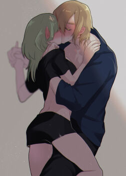1boy 1girl ass back bare_back black_shorts blonde_hair breast_press breasts closed_eyes clothes_lift commentary_request dimitri_alexandre_blaiddyd dimitri_alexandre_blaiddyd_(timeskip) emcgame female_byleth_(awakened)_(fire_emblem) female_byleth_(fire_emblem) fire_emblem fire_emblem:_three_houses green_hair hetero holding_hands kiss large_breasts medium_hair nintendo official_alternate_hair_color shirt_lift short_hair short_shorts shorts skindentation standing thighs