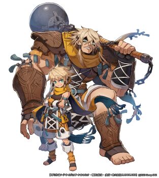 armor bare_arms barefoot blue_eyes chain clenched_teeth crossed_arms dual_persona fantasy giant giant_male grin highres holding holding_mace holding_weapon kuroi_susumu mace official_art scarf sharp_teeth shoes smile solo sword_world sword_world_2.5 teeth toes weapon yellow_scarf