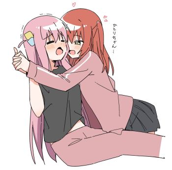 2girls :d =_= black_shirt black_skirt blush bocchi_the_rock! borrowed_clothes closed_eyes cube_hair_ornament gotoh_hitori hair_between_eyes hair_ornament haru_(konomi_150) heart highres holding_hands interlocked_fingers jacket kita_ikuyo long_hair multiple_girls one_side_up open_mouth pants pink_hair pink_jacket pink_pants pleated_skirt red_hair shirt skirt smile translated trembling very_long_hair wavy_mouth yellow_eyes yuri