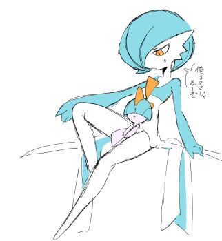 1girl 1other :< alternate_color arm_support arm_up blue_hair blue_skin blunt_bangs bob_cut bowl_cut closed_mouth colored_skin covered_eyes flat_chest flat_color full_body gardevoir gen_3_pokemon hair_over_eyes hair_over_one_eye half-closed_eyes iroai-chan japanese_text knee_up leaning_back legs looking_down multicolored_skin nintendo one_eye_covered open_mouth orange_eyes outstretched_arm pokemon pokemon_(creature) ralts shiny_pokemon short_hair sitting sitting_on_lap sitting_on_person sketch speech_bubble sweat talking translation_request two-tone_skin white_skin
