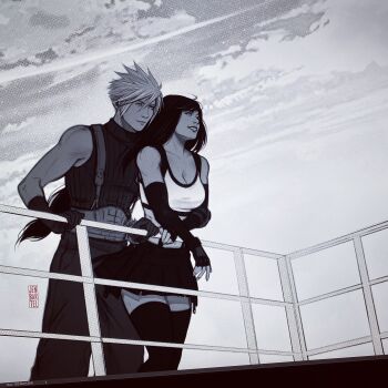 1boy 1girl baggy_pants bare_shoulders black_hair black_skirt black_thighhighs breasts cleavage closed_mouth cloud cloud_strife cloudy_sky commentary crop_top elbow_gloves feet_out_of_frame final_fantasy final_fantasy_vii final_fantasy_vii_remake fingerless_gloves gloves greyscale highres jen_bartel large_breasts long_hair miniskirt monochrome outdoors pants parted_lips railing short_hair signature skirt sky sleeveless sleeveless_turtleneck spiked_hair suspenders sweater tank_top thighhighs tifa_lockhart turtleneck turtleneck_sweater white_tank_top zettai_ryouiki