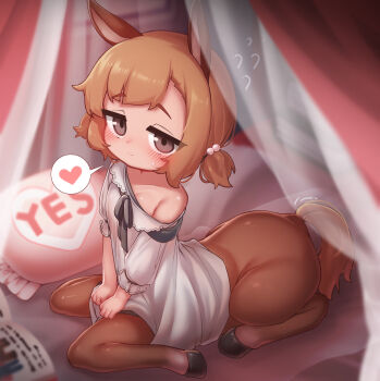 1girl animal_ears bed blush brown_eyes brown_hair centaur commission dress flying_sweatdrops hair_bobbles hair_ornament heart highres hooves horse_ears horse_tail loli mochikushi monster_girl off_shoulder original pillow pixiv_commission short_hair short_twintails sitting smile solo spoken_heart tail taur twintails white_dress yes-no_pillow
