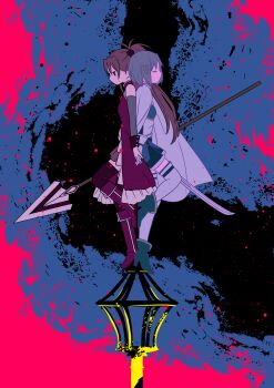 Rule 34 | armor, back-to-back, black background, blue background, blue gem, blue hair, blue skirt, blue sleeves, boots, bow, breastplate, buttoned cuffs, buttons, cape, closed eyes, commentary request, detached sleeves, dress, fortissimo, frills, fuwa daisuke, gem, gloves, green boots, grey sleeves, hair bow, hair ornament, high collar, highres, holding, holding hands, holding polearm, holding weapon, interlocked fingers, jitome, knee boots, lamppost, long hair, long sleeves, magical girl, mahou shoujo madoka magica, mahou shoujo madoka magica: hangyaku no monogatari, miki sayaka, miki sayaka (magical girl), musical note, musical note hair ornament, no mouth, pleated skirt, polearm, ponytail, red background, red boots, red dress, red eyes, red gem, red hair, red skirt, red thighhighs, sakura kyoko, sakura kyoko (magical girl), shirt, short hair, skirt, soul gem, thighhighs, three-toned background, weapon, white cape, white dress, white gloves, white shirt, white thighhighs