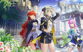 Rule 34 | 3girls, absurdres, arm up, balloon, black choker, black corset, black gloves, black jacket, black skirt, blue eyes, blue jacket, blue skirt, blue sky, bra strap, breasts, building, camera, choker, closed mouth, cloud, cloudy sky, corset, cowboy shot, dress, earrings, falling petals, flower, flower ornament, flower wreath, front slit, gloves, grey hair, hair ornament, hairpin, head wreath, highres, himeko (honkai: star rail), holding, holding camera, honkai: star rail, honkai (series), jacket, jewelry, long hair, long sleeves, march 7th (honkai: star rail), march 7th (preservation) (honkai: star rail), medium breasts, medium hair, miniskirt, moon (restire), multicolored eyes, multiple girls, open clothes, open jacket, open mouth, outdoors, parted lips, petals, pink eyes, pink hair, pink jacket, plant, pleated skirt, potted plant, red hair, revision, shirt, single earring, single glove, skirt, sky, smile, standing, stelle (honkai: star rail), thigh strap, tied jacket, trailblazer (honkai: star rail), two-sided fabric, two-sided jacket, two-tone eyes, underbust, white dress, white shirt, yellow eyes, yellow jacket