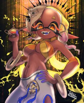 1girl :d anklet artist_name asymmetrical_hair bare_shoulders blonde_hair blue_tongue bracelet breasts colored_eyelashes colored_fingertips colored_skin colored_tongue covered_erect_nipples crop_top cross-shaped_pupils dancer dark-skinned_female dark_skin domino_mask earrings english_text eye_mask fangs food forehead frye_(splatoon) genie gradient_hair groin hand_on_own_hip harem_pants holding hoop_earrings inkling isamu-ki_(yuuki) jewelry lamp large_breasts long_hair long_pointy_ears looking_at_viewer mask medium_breasts medium_hair midriff multicolored_hair multicolored_skin multiple_earrings navel nintendo oil_lamp open_mouth orange_eyes orange_veil pants pointy_ears poncho purple_hair purple_skin purple_tongue see-through_clothes see-through_veil shawl shirt short_eyebrows signature sleeveless sleeveless_shirt smile solo splatoon_(series) splatoon_3 star-shaped_pupils star_(symbol) stomach symbol-shaped_pupils teeth tempura tentacle_hair two-tone_hair underboob veil white_pants x_x yellow_eyes yellow_shirt