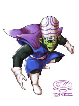 1boy bad_link belt black_fur blue_tunic boots cape capsule_helmet chimpanzee colored_skin fangs gloves green_eyes green_skin helmet highres looking_at_viewer male_focus mojo_jojo open_mouth painting_(medium) powerpuff_girls purple_cape signature simple_background sleeveless smile smug solo toni_sanri traditional_media tunic white_background white_belt white_boots white_gloves