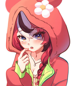 1girl babydoll black_hair black_streaks blue_eyes blush braid breasts cleavage commentary double-parted_bangs finger_to_mouth flower hair_between_eyes hakos_baelz hakos_baelz_(strawberry_onesie) hashtag-only_commentary heart_pendant highres hololive hololive_english hood hooded_pajamas iennie jewelry looking_at_viewer multicolored_hair necklace onesie open_mouth orange_flower pajamas pink_babydoll red_hair red_pajamas sharp_teeth teeth virtual_youtuber white_background white_hair