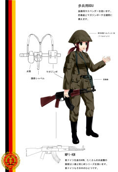 1girl ak-47 assault_rifle bad_id bad_pixiv_id cold_war combat_helmet communism east_germany female_focus german_flag german_text gun helmet kalashnikov_rifle looking_at_viewer military military_uniform mizuki_(mizuki_ame) original rifle solo stahlhelm strichtarn translation_request weapon