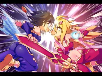 2girls angry arm_warmers ass attack bare_shoulders battle black_hair blonde_hair breasts cougar_(cougar1404) eye_contact from_behind gypsy hair_ornament holding holding_weapon jewelry long_hair looking_at_another majin_shoujo multicolored_hair multiple_girls open_mouth orange_eyes pants princess red_eyes riva shiny_clothes shiny_skin shoes short_hair sideboob smile sword torn_clothes very_long_hair weapon white_hair zizou_olympia