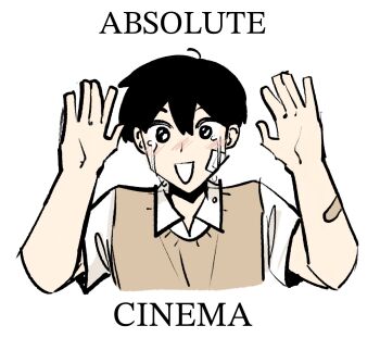 1boy :d absolute_cinema_(meme) areuwuu bandage_on_face bandages bandaid bandaid_on_arm black_hair blush chinese_text collared_shirt crying crying_with_eyes_open hands_up highres kim_dokja male_focus meme oldest_dream omniscient_reader&#039;s_viewpoint open_mouth shirt short_hair smile solo tears vest white_shirt yellow_vest
