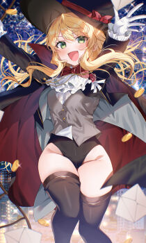 1girl :d absurdres arms_up ascot black_boots black_cloak black_jacket black_leotard black_thighhighs blonde_hair blush boots bow bowtie cloak coin commentary_request commission envelope feet_out_of_frame floating_hair frilled_sleeves frills gloves green_eyes grey_vest groin hat highleg highleg_leotard highres jacket leotard leotard_under_clothes long_hair open_mouth original phantom_thief phantom_thief_(kkmomo67) red_bow red_bowtie red_cloak shirt skeb_commission smile solo standing thigh_boots thighhighs thighs top_hat two-sided_cloak two-sided_fabric v-shaped_eyebrows vest white_ascot white_gloves white_shirt yam_(yamap_mako)