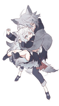 2girls ambience_synesthesia animal_ears arknights black_footwear black_jacket blue_eyes closed_eyes commentary dual_persona english_commentary full_body grey_hair heads_together highres hug jacket kaleka lappland_(ambience_synesthesia)_(arknights) lappland_(arknights) long_sleeves motion_lines multiple_girls one_eye_closed open_mouth shoe_soles shoes short_hair simple_background smile tail white_background white_hair wolf_ears wolf_girl wolf_tail yuri