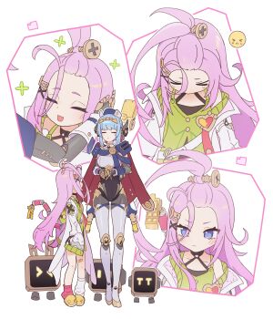 2girls absurdres ahoge aino_(genshin_impact) android bangs_pinned_back blue_eyes blue_hair cape closed_eyes closed_mouth commentary genshin_impact green_shirt highres ineffa_(genshin_impact) lab_coat long_hair looking_at_another medium_hair multiple_expressions multiple_girls origami_gyokuo purple_eyes robot_girl shirt smile standing untranslatable_commentary white_background
