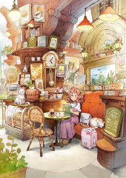 1boy 2girls ambiguous_gender animal animal_ears apron aqua_apron arch basket blonde_hair book book_stack bookshelf brown_footwear brown_headwear burger cafe cake cake_slice cat cat_ears ceiling_light clock closed_mouth coffee coffee_pot collared_shirt commentary_request couch cup curious day disposable_coffee_cup disposable_cup dress drink drinking_glass drinking_straw facing_away fish fish_tank floor flower food hair_between_eyes hat hat_with_ears highres holding indoors lamp lantern matsuda_(matsukichi) medium_hair multiple_girls original painting_(object) pastry pendulum_clock pinafore_dress pink_flower plant poster_(object) potted_plant purple_dress railing reading red_hair rolling_suitcase salt_shaker saucer shirt shoes sitting sleeveless sleeveless_dress standing stereo strawberry_shortcake suitcase t-shirt table tray treasure_chest wavy_hair white_shirt window