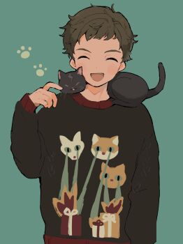 1boy absurdres animal animal_on_shoulder animal_print black_cat black_sweater brown_hair cat cat_on_shoulder cat_print chipie_(gnosia) closed_eyes commentary_request facing_viewer gnosia hand_up highres long_sleeves male_focus open_mouth paw_print short_bangs short_hair smile solo surround_sara_udon sweater upper_body very_short_hair