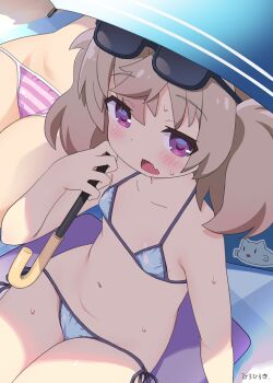 2girls bikini eyewear_on_head fang hiro_hiroki light_brown_hair loli multiple_girls parasol purple_eyes side-tie_bikini_bottom skin_fang slow_loop sunglasses sweat swimsuit twintails umbrella yoshinaga_koi