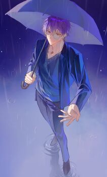1boy absurdres blue_jacket blue_pants blue_shirt blue_umbrella closed_mouth commentary_request dou_lwer full_body glasses highres holding holding_umbrella jacket jewelry korean_commentary liu_xiao long_sleeves looking_at_viewer male_focus mole necklace pants purple_eyes purple_hair rain ripples round_eyewear shiguang_dailiren shirt short_hair smile solo standing standing_on_liquid tattoo umbrella water