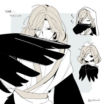 Rule 34 | absurdres, animal, bird, bird wings, blonde hair, chinese clothes, feathered wings, getian (reverse:1999), grey background, hand up, hanfu, harpy boy, heterochromia, highres, long hair, looking at viewer, monster boy, moto (m0tom0), multiple views, reverse:1999, simple background, translation request, upper body, winged arms, wings