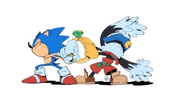 2boys animal_ears aryelsereio belt black_fur bracelet closed_eyes closed_mouth crossover furry furry_male gem gloves green_gemstone hat highres jewelry kaze_no_klonoa klonoa multiple_boys namco pac-man pulling red_shorts sega shorts sonic_(series) sonic_the_hedgehog sonic_the_hedgehog_(classic) white_background