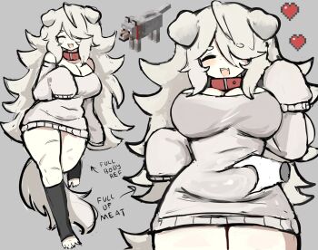 1girl animal_ears breasts cleavage collar commentary covered_navel cowboy_shot english_commentary furrification furry furry_female grabbing_another&#039;s_stomach hair_over_one_eye heart heart-shaped_pupils highres large_breasts long_hair long_sleeves m3link messy_hair minecraft off-shoulder_sweater off_shoulder open_mouth personification plump pointing pointing_at_self red_collar red_eyes sleeves_past_wrists sweater symbol-shaped_pupils tail white_hair white_sweater wolf_(minecraft) wolf_ears wolf_girl wolf_tail