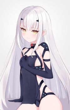 1girl black_gloves black_leotard blush breasts brown_eyes closed_mouth commentary_request elbow_gloves fate/grand_order fate_(series) gloves grey_background grey_hair hand_up highres leotard long_hair looking_at_viewer melusine_(fate) riya_(01214) small_breasts smile solo very_long_hair