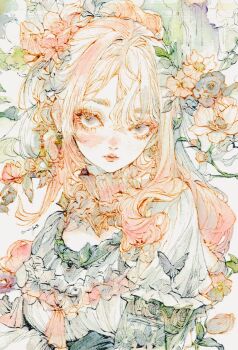 1girl 7na5go bug butterfly detached_collar dress flower frilled_dress frills green_dress hair_flower hair_intakes hair_ornament insect lineart lips long_hair original pink_hair solo upper_body
