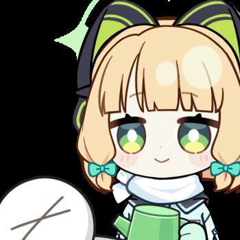 1girl 1other :&gt; ^_^ animal_ear_headphones animal_ears animated animated_gif aqua_jacket blonde_hair blue_archive blunt_bangs blunt_ends blush_stickers bow bright_pupils cat_ear_headphones cat_ears chunye_haruya closed_eyes closed_mouth closing_eyes commission disembodied_hand dot_nose fake_animal_ears gloves green_bow green_eyes green_gloves green_halo hair_bow halo headphones holding holding_watering_can jacket low-tied_sidelocks lowres midori_(blue_archive) midori_(winter)_(blue_archive) missing_commentary multicolored_jacket official_alternate_costume scarf second-party_source short_hair sidelocks simple_background smile text_print transparent_background upper_body watering watering_can white_jacket white_pupils white_scarf winter_clothes