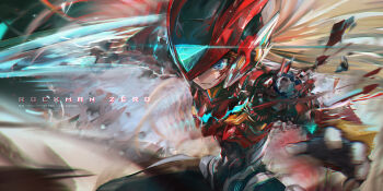 1boy afterimage android armor blonde_hair blue_eyes character_name copyright_name cowboy_shot energy_sword forehead_jewel helmet highres holding holding_sword holding_weapon long_hair male_focus mega_man_(series) mega_man_zero_(series) narcissus111 red_armor red_helmet solo sword weapon zero(z)_(mega_man) zero_(mega_man)