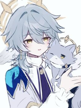 Rule 34 | 1boy, alternate costume, animal hands, blue fur, blue hair, cat, cat paws, collar, commentary request, earrings, frilled sleeves, frills, halo, halo behind head, head wings, holding, honkai: star rail, honkai (series), jewelry, medium hair, mochiumai29, one eye closed, scarf, sunday (honkai: star rail), turtleneck, watermark, white background, wings, yellow eyes