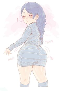 1girl ass ass_shake blue_hair blush braid dress english_text heart huge_ass kyojiri_loli loli looking_at_viewer meili_portroute plank_(zfzt7835) re:zero_kara_hajimeru_isekai_seikatsu shaking solo thighhighs