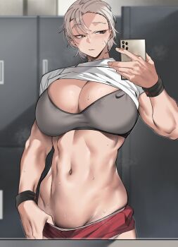 1girl abs breasts cellphone cleavage commentary_request grey_hair grey_sports_bra groin highres hip_bones holding holding_phone huge_breasts locker locker_room looking_at_phone mirror mirror_selfie muscular muscular_female navel original phone pubic_stubble red_shorts reflection scar scar_on_face selfie shirt short_hair short_shorts shorts solo sports_bra steaming_body stomach sweat tomboy urec white_shirt wristband