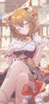 +_+ 1girl ahoge animal_ear_fluff animal_ears bell blurry blurry_background bow brown_hair clothing_cutout coin collar crossed_legs dress frilled_dress frills gold hair_bell hair_between_eyes hair_ornament hair_ribbon highres holding koban_(gold) looking_at_viewer ofuda one_eye_closed original red_bow red_collar red_ribbon ribbon short_sleeves smile stomach_cutout umehara_sei yuanbao