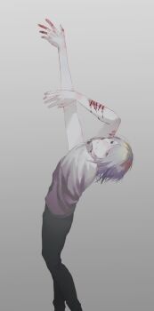 Rule 34 | 1boy, absurdres, black eyes, black pants, bleeding, blood, blood in hair, blood on arm, blood on face, blood on hands, blood on neck, bruise, bruise on face, commentary, deep wound, facing to the side, full body, gradient background, grey background, grey hair, grey shirt, highres, injury, leaning back, looking ahead, looking back, male focus, original, outstretched arms, pants, saliva, saliva trail, scar, self-harm, self-harm scar, shirt, user pjef7752, walking