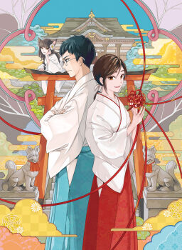 Rule 34 | 1boy, 2girls, blue eyes, blue hair, brown eyes, brown hair, flower, grey hair, hair flower, hair ornament, hakama, hakama skirt, highres, inari, japanese clothes, kimono, long hair, looking at viewer, miko, multiple girls, na (sodium), original, red hakama, short hair, shrine, skirt, smile, torii, wide sleeves, yellow eyes