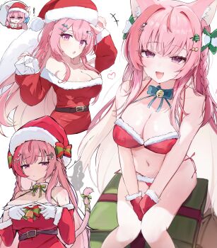 1girl absurdres alternate_costume animal_ears archi_(aruki) bikini cat_ears cat_girl commentary_request dress fur-trimmed_bikini fur-trimmed_gloves fur-trimmed_headwear fur_trim gloves hat highres indie_virtual_youtuber long_hair looking_at_viewer pink_eyes pink_hair pom_pom_(clothes) red_bikini red_dress red_gloves red_hat santa_bikini santa_costume santa_dress sidelocks smile solo swimsuit very_long_hair virtual_youtuber white_gloves yuuki_sakuna