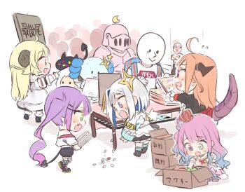 5girls ahoge amane_kanata amane_kanata_(1st_costume) angel_wings armband armor axolotl backpack bag bibi_(tokoyami_towa) black_footwear black_jacket black_shorts black_skirt blonde_hair blue_hair blue_socks bob_cut book boots box candy_hair_ornament cardboard_box chibi colored_inner_hair crescent crescent_hat_ornament crown demon_girl demon_tail dragon_girl dragon_horns dragon_tail dress fang fishnet_thighhighs fishnets flying_sweatdrops food-themed_hair_ornament full_armor fur-trimmed_boots fur-trimmed_dress fur_trim gradient_hair gradient_wings green_eyes grey_hair hair_ornament hairclip half_updo halo hat_ornament heterochromia highres himemori_luna himemori_luna_(1st_costume) holding holding_book holding_sign holoforce hololive horns isuka jacket kiryu_coco kiryu_coco_(1st_costume) long_hair luknight_(himemori_luna) multicolored_hair multicolored_wings multiple_girls off-shoulder_dress off_shoulder one_side_up open_mouth orange_hair pink_armor pink_dress pink_hair purple_eyes purple_hair queue red_crown red_eyes red_skirt ryoushi_chicken_soup_grass_big_chungus sheep sheep_girl sheep_horns shirt shoes short_hair shorts sideways_mouth sign single_hair_intake skirt sneakers socks star_halo sweatdrop table tail tearing_up thigh_strap thighhighs tokoyami_towa tokoyami_towa_(1st_costume) translation_request tsunomaki_watame tsunomaki_watame_(1st_costume) twintails upao_(amane_kanata) virtual_youtuber watamate wavy_hair white_dress white_jacket white_shirt white_wings wings