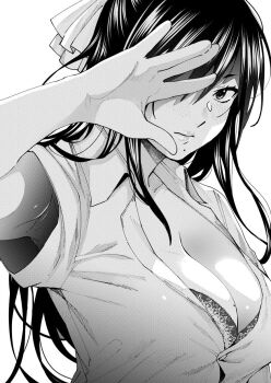 1girl armpits bra bra_peek breasts cleavage closed_mouth collared_shirt commentary_request greyscale hand_over_eye highres large_breasts long_hair looking_at_viewer masakari_(yasudadou) mole mole_on_breast mole_under_mouth monochrome original shirt simple_background solo underwear upper_body white_background yasuda_kousuke
